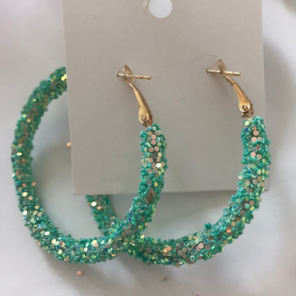 Green Glitter Hoop Earrings - Picture 3 of 5